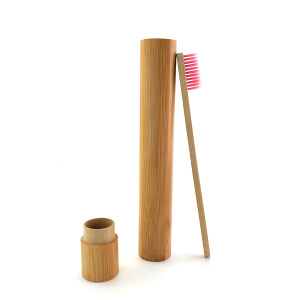 Classic toothbrush, straight handle, pink color, model PDB03 + cylindrical bamboo holder